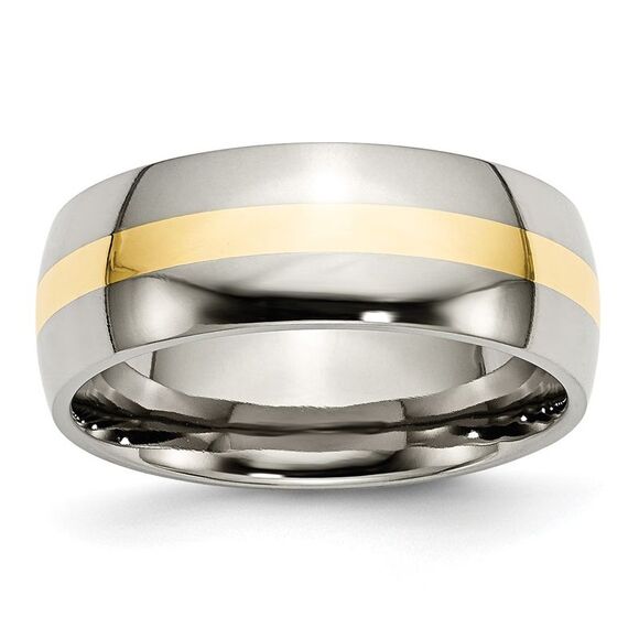 Kazi Luxury Chisel Titanium Polished with 14k Yellow Gold Inlay 8mm Band